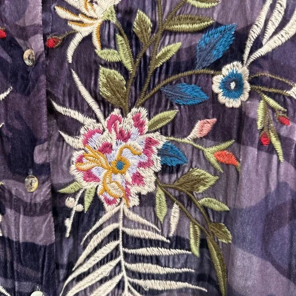 Johnny Was Velvet Purple Camouflage Floral Embroidered Shirt